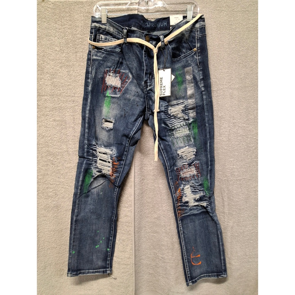 Rue21 Premium Supreme Flex Skinny Jeans Mens 32x30Distressed Paint Splatter Blue